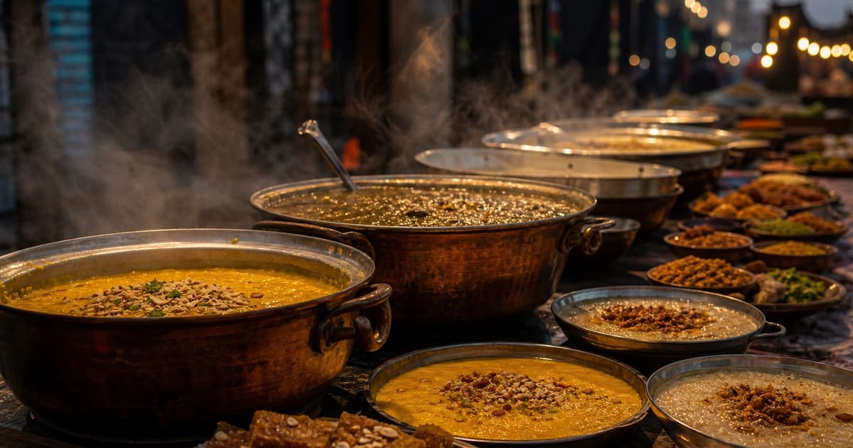 Steaming copper pots and metal bowls of grain pudding with nut toppings line a table, with rows of plates and trays receding in the background