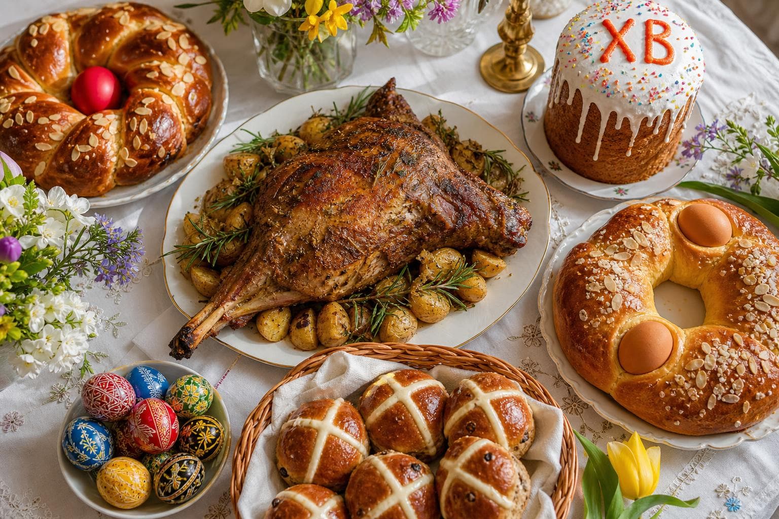 Western Easter table with golden roasted lamb, braided Greek Tsoureki bread with red egg, Russian Kulich with white icing, Spanish Mona de Pascua with baked egg, and British hot cross buns.