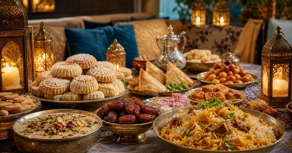 Brass bowls of dates, saffron rice, samosas, syrup sweets, pink Turkish delight, cookies, nuts, and glowing lanterns on a blue patterned cloth.