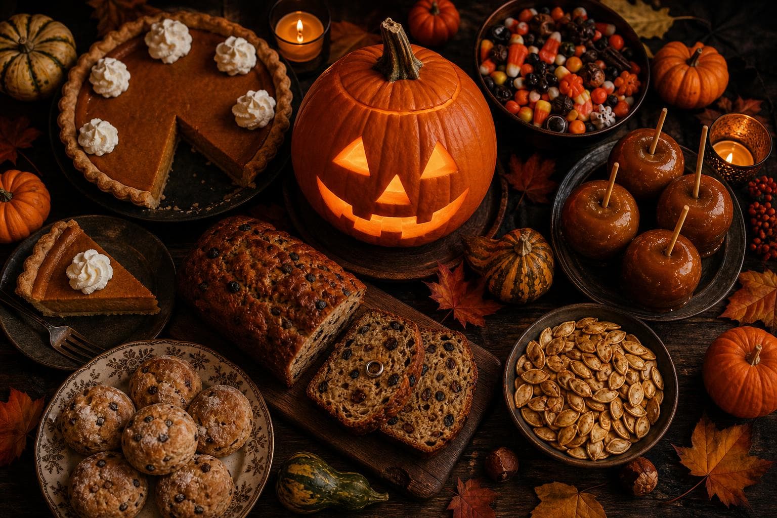 A glowing jack-o'-lantern centers a Halloween harvest table with pumpkin pie, candy corn mix, caramel apples, sliced barmbrack loaf, raisin-studded soul cakes, and roasted pumpkin seeds.