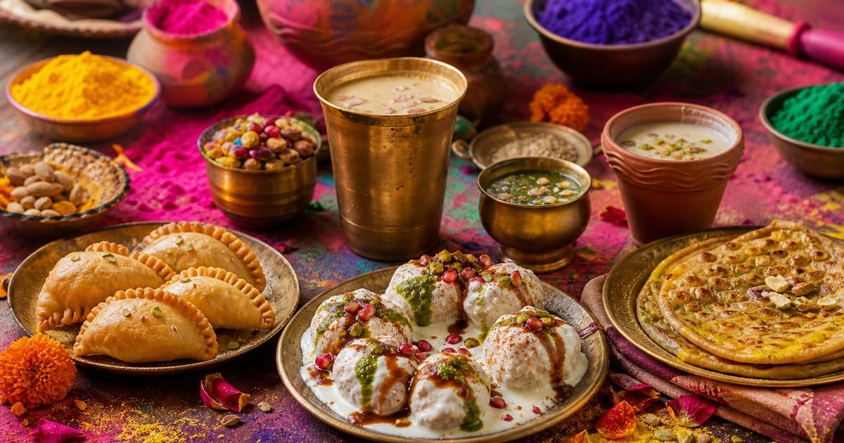 Gujiya pastries, dahi vada with chutneys and pomegranate, stacked flatbreads, brass cups of milky drink, and yellow, pink, purple and green gulal.