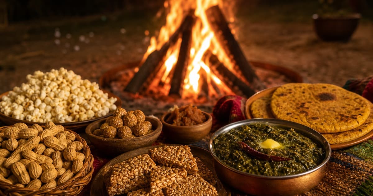 Peanuts, puffed rice, sesame sweets, jaggery pieces, sarson saag with butter, and stacked flatbreads arranged on a cloth before a bonfire.