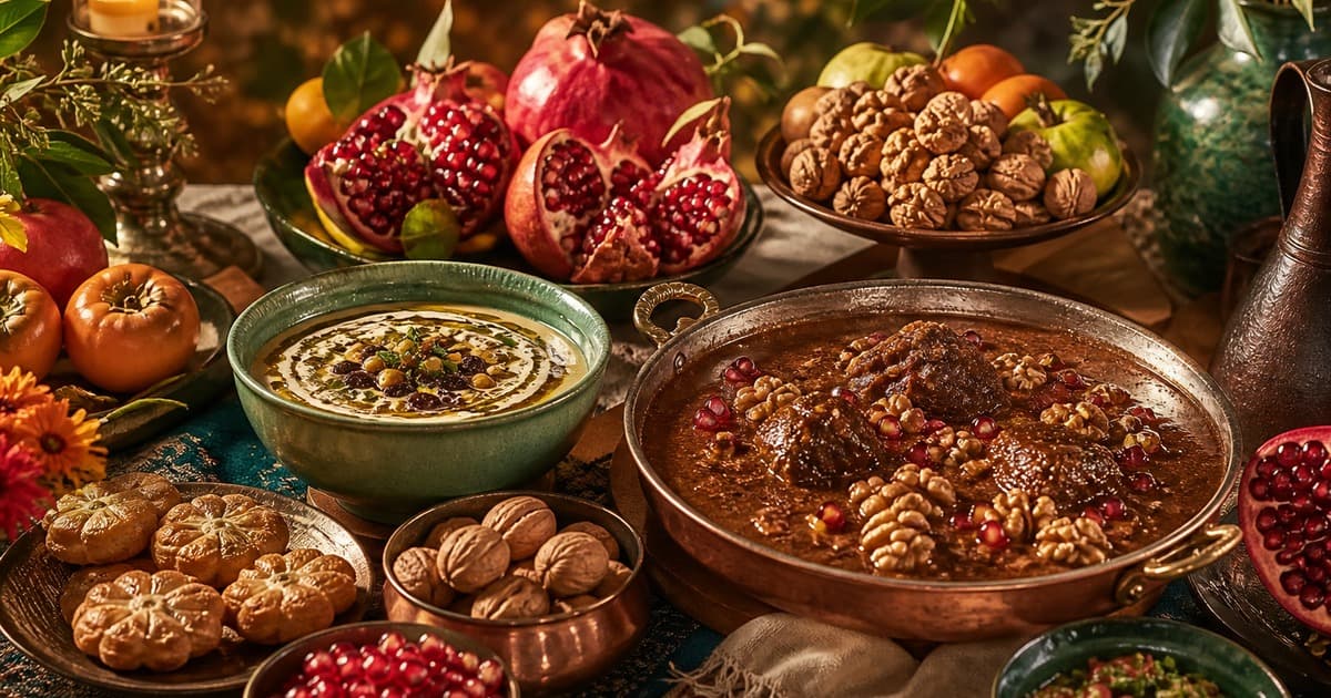 Pomegranates and persimmons sit behind green soup and copper stew bowls, with walnuts, pastries, candles, and ceramic vessels on a cloth.