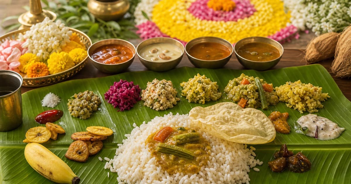 Banana leaf spread with rice, papadum, curries, pickles, banana, fritters, metal bowls of stews, and flower arrangements on a wooden table