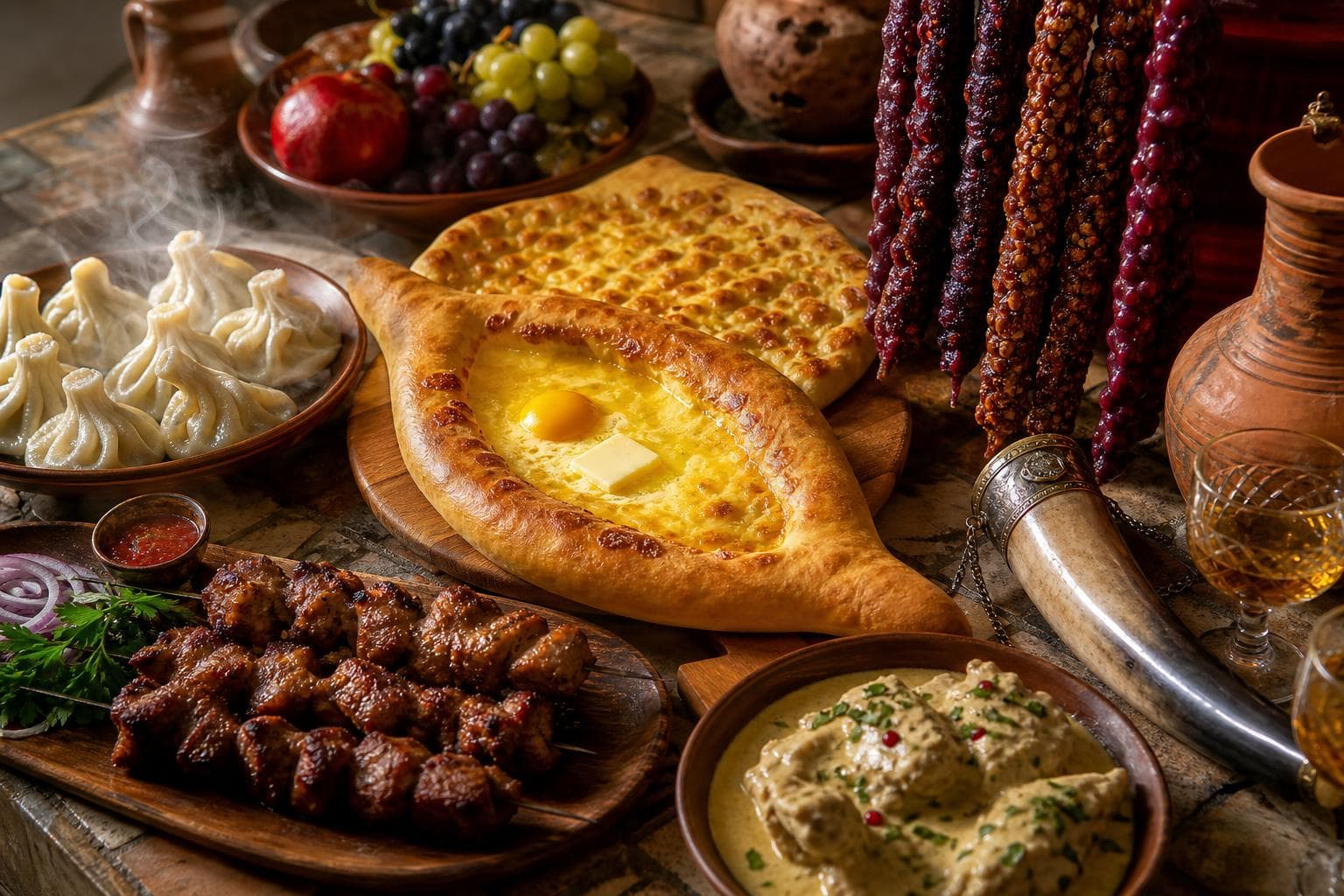 Georgian table with golden boat-shaped Adjaruli khachapuri with egg yolk and butter, round Imeruli khachapuri, twisted khinkali dumplings, churchkhela strings, and satsivi.