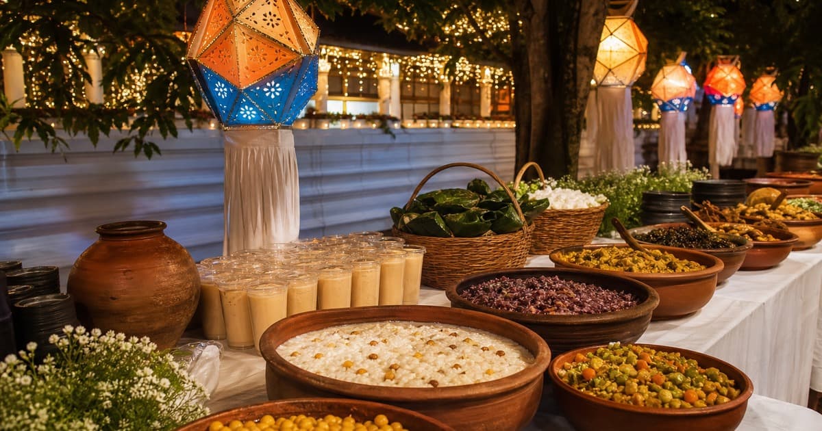 Glowing orange and blue Vesak lanterns hang above a buffet table with clay bowls of creamy rice, cooked vegetables, greens, cups, baskets of leaves and white flowers.