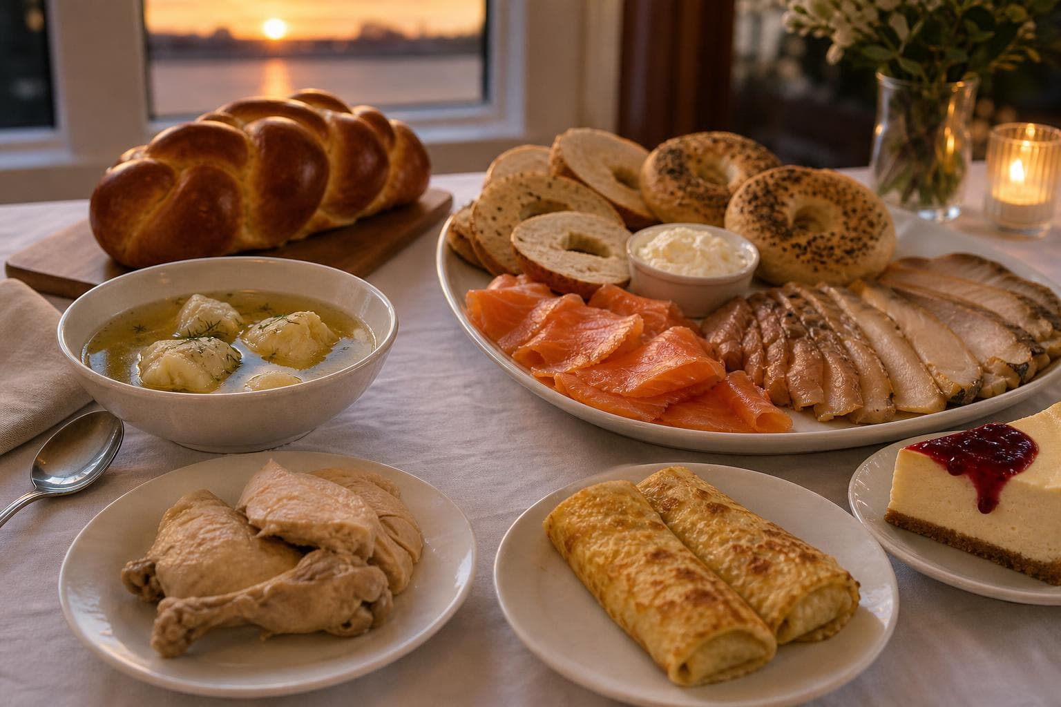 Pre-fast plate of chicken soup with kreplach and plain challah beside a break-fast platter of bagels with lox, cream cheese, smoked whitefish, blintzes, and cheesecake.