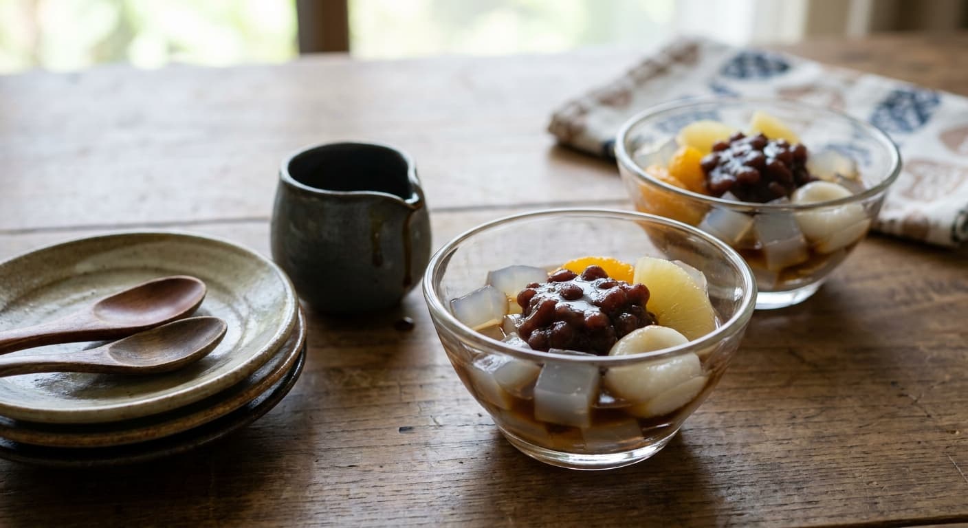 Anmitsu — Kanten Jelly Dessert with Red Bean Paste - authentic japanese recipe