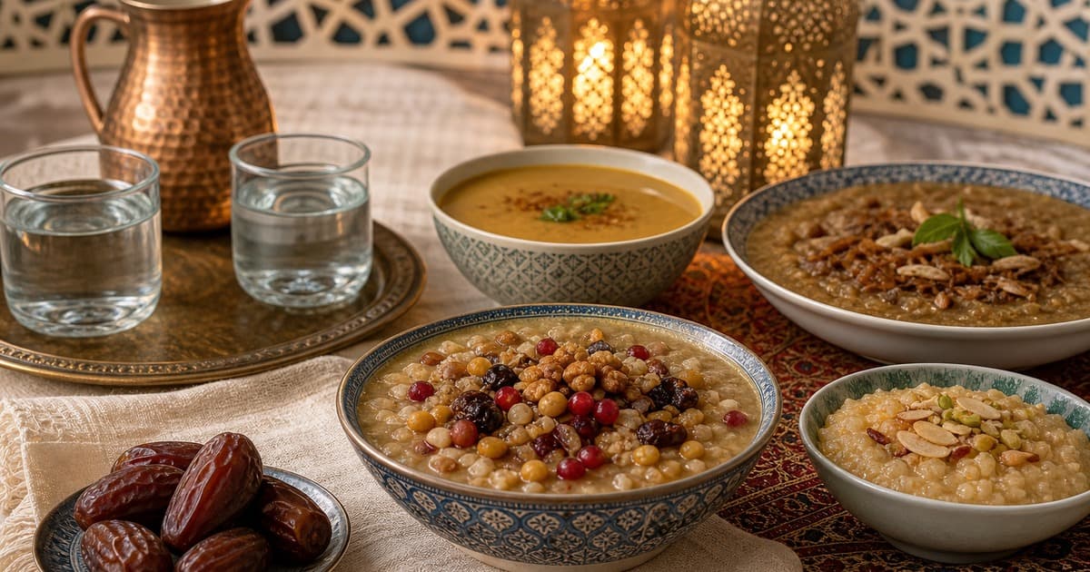 Bowls of grain pudding with chickpeas, pomegranate seeds, nuts and herbs sit beside dates, water glasses, a copper pitcher and lit lanterns on patterned cloth