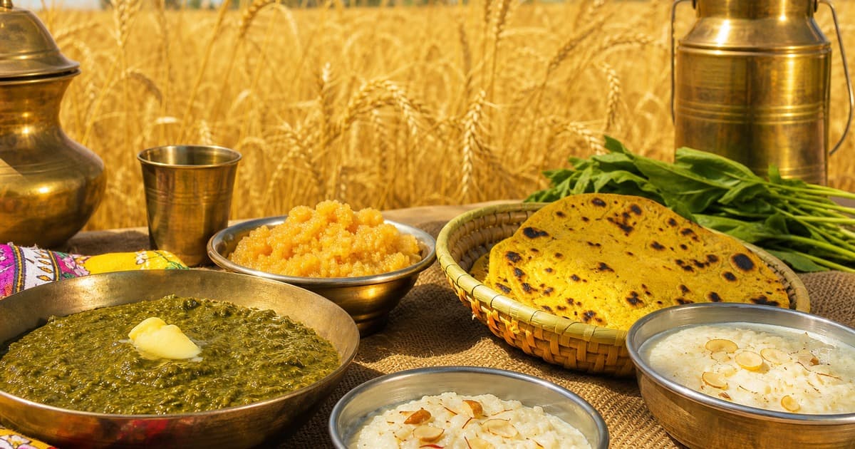 A pan of saag with butter, bowls of yellow sweets and rice pudding, and roti in a woven basket sit before brass vessels and wheat stalks.