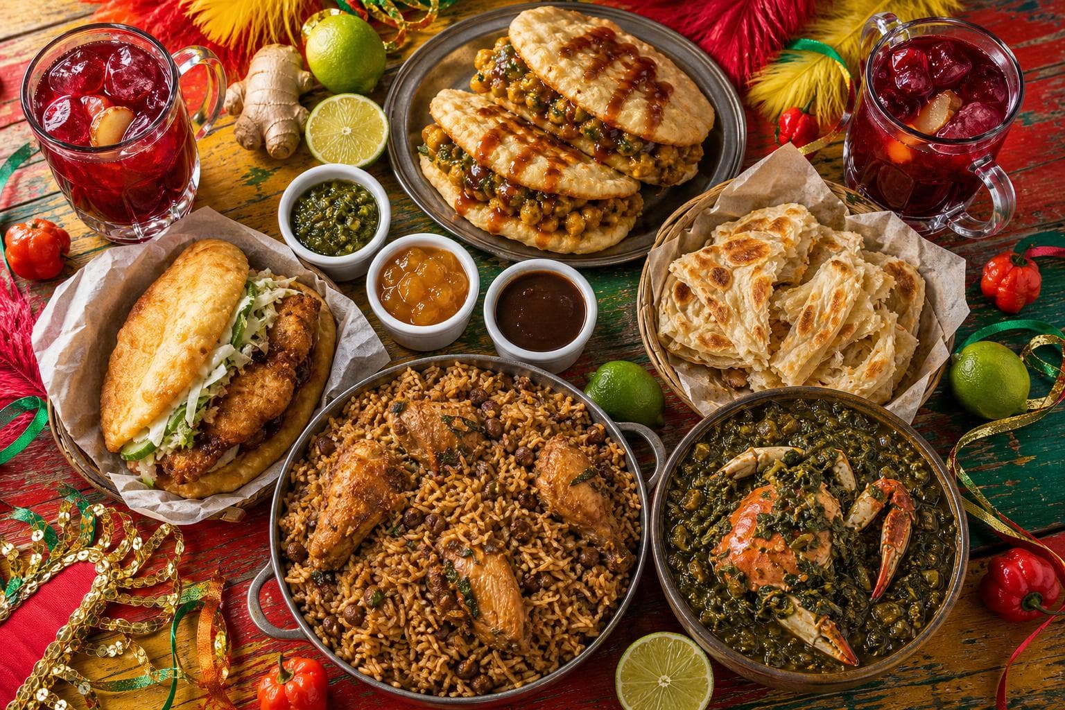 Festive Trinidadian Carnival spread featuring doubles with chutneys, bake-and-shark sandwich, flaky roti, chicken pelau, crab callaloo, and glasses of ruby sorrel drink on a colorful table.