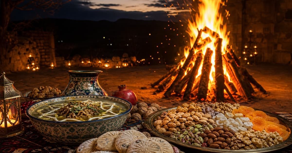 A large bonfire burns behind a spread with a patterned bowl of greens, plates of nuts and sweets, a pomegranate, a metal lantern, and woven cloth.
