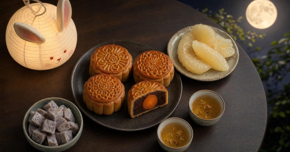 Dark wood surface with four round mooncakes, one cut to show salted egg yolk center, pomelo segments, two cups of golden wine, taro, and a rabbit paper lantern.