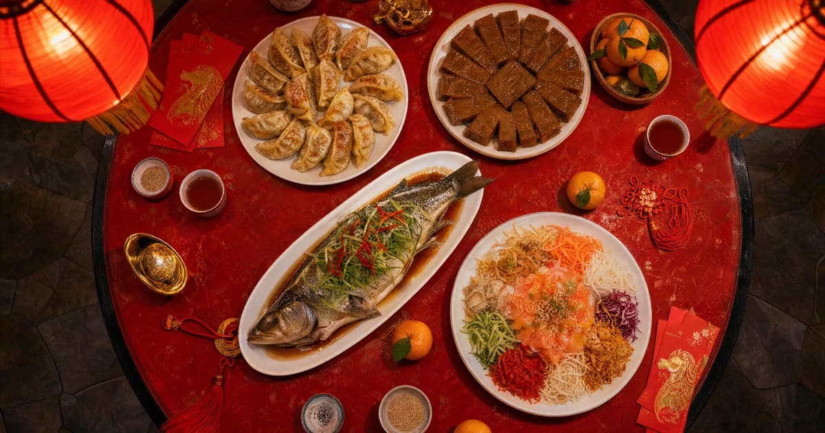 Round red table with crescent jiaozi dumplings, sticky brown nian gao slices, whole steamed fish, tossed yu sheng salad, red envelopes, and tangerines.