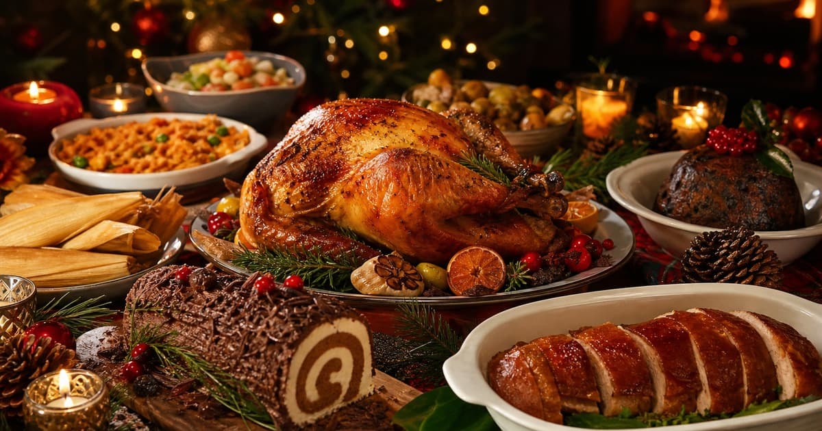 Christmas feast with roast turkey, sliced glazed meat, tamales, chocolate yule log, pudding, cranberries, pinecones, candles, and warm tree lights.