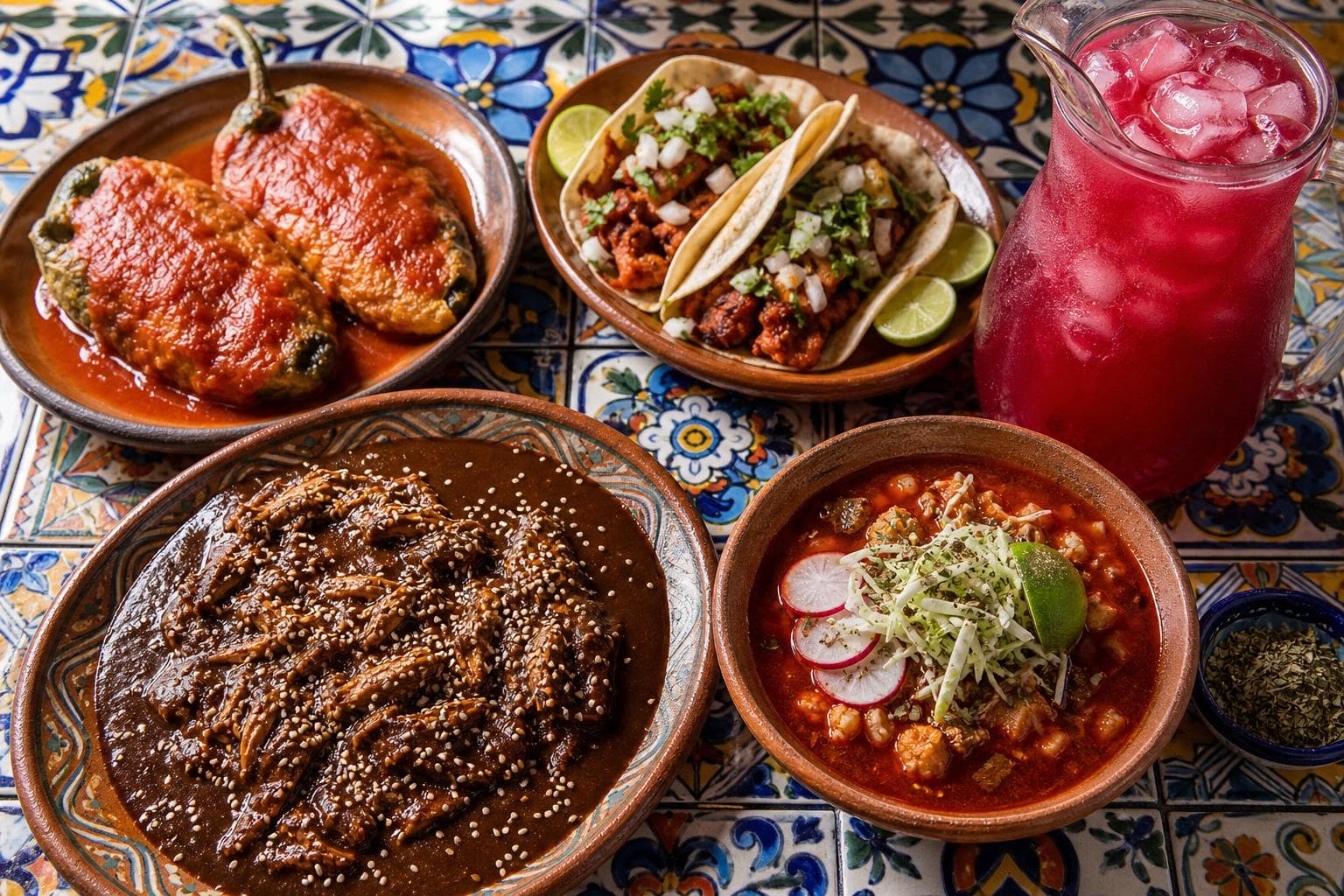 Plate of mole poblano with chicken in dark chocolate-chile sauce, chiles rellenos, tacos with cilantro and onion, a bowl of pozole, and a pitcher of agua fresca.