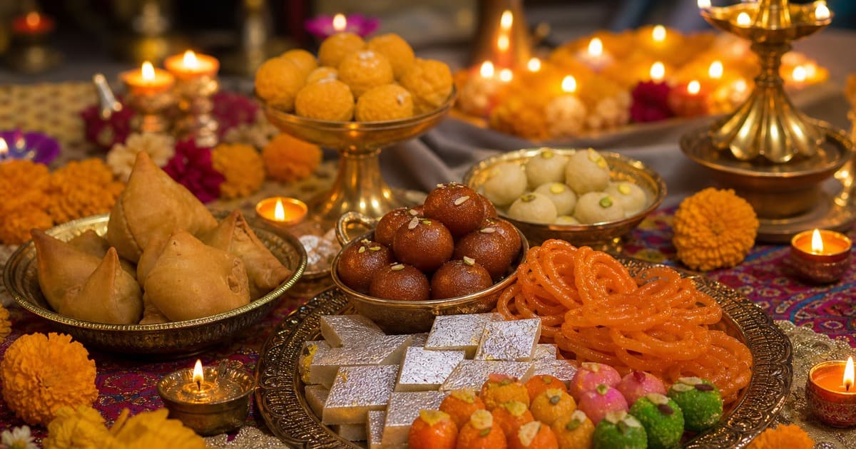 Diwali spread with samosas, ladoos, gulab jamun, jalebi and silver-topped barfi on ornate trays, surrounded by lit diyas and marigolds.
