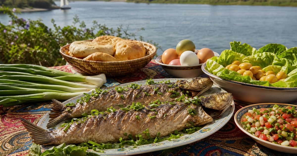 Whole fish on a platter in front of green onions, bread in a basket, eggs, lettuce, yellow beans, and chopped salad on a patterned cloth by water.