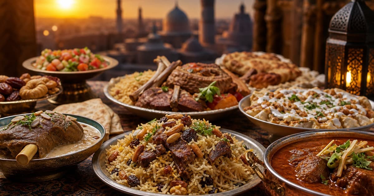 Platters of rice with meat, a meat shank, red stew, flatbread, salad, dates, and pastries spread on a table beside a lit lantern.