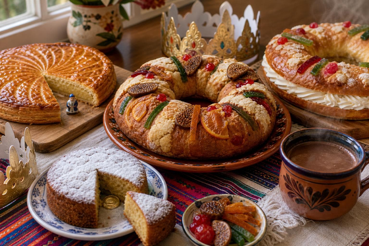 Four traditional Three Kings cakes: French Galette des Rois with frangipane, Mexican Rosca de Reyes with dried fruit, Spanish Roscón de Reyes with cream, and a Greek Vasilopita with a coin.