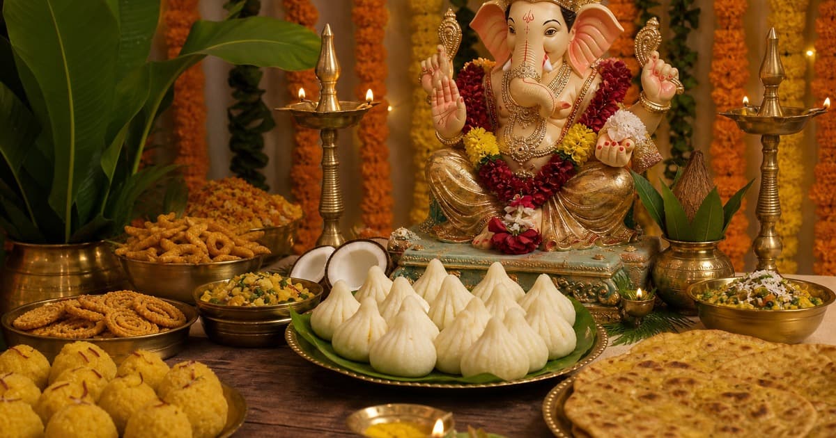 Plate of modaks on banana leaves sits before a Ganesha idol, with laddus, chakli, snack bowls, brass oil lamps, coconuts, and marigold garlands.