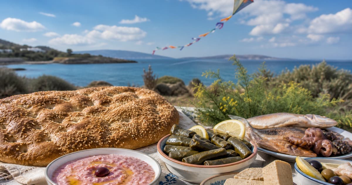 Sesame flatbread at left, pink dip and stuffed grape leaves with lemon in front, fish, octopus, olives and bread on a seaside table.