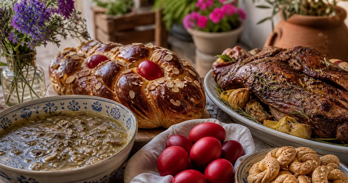 Braided bread with red eggs and almonds sits beside roast meat on potatoes, lentil soup, red eggs in a cloth, cookies, and vases of flowers.