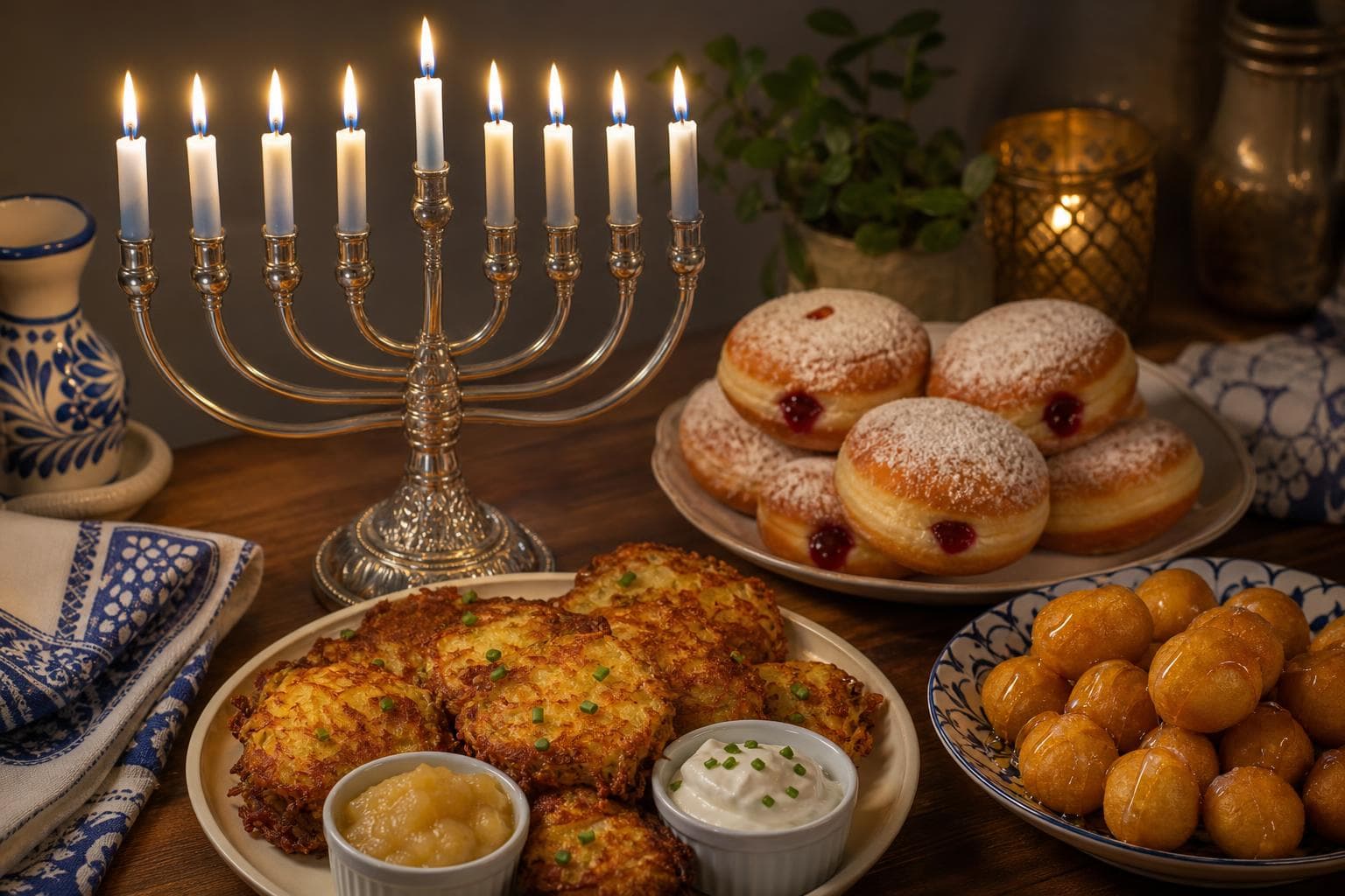 Lit eight-branched Hanukkiah with shamash candle beside a plate of crispy latkes with applesauce and sour cream, jelly-filled sufganiyot, and golden Sephardic bimuelos.