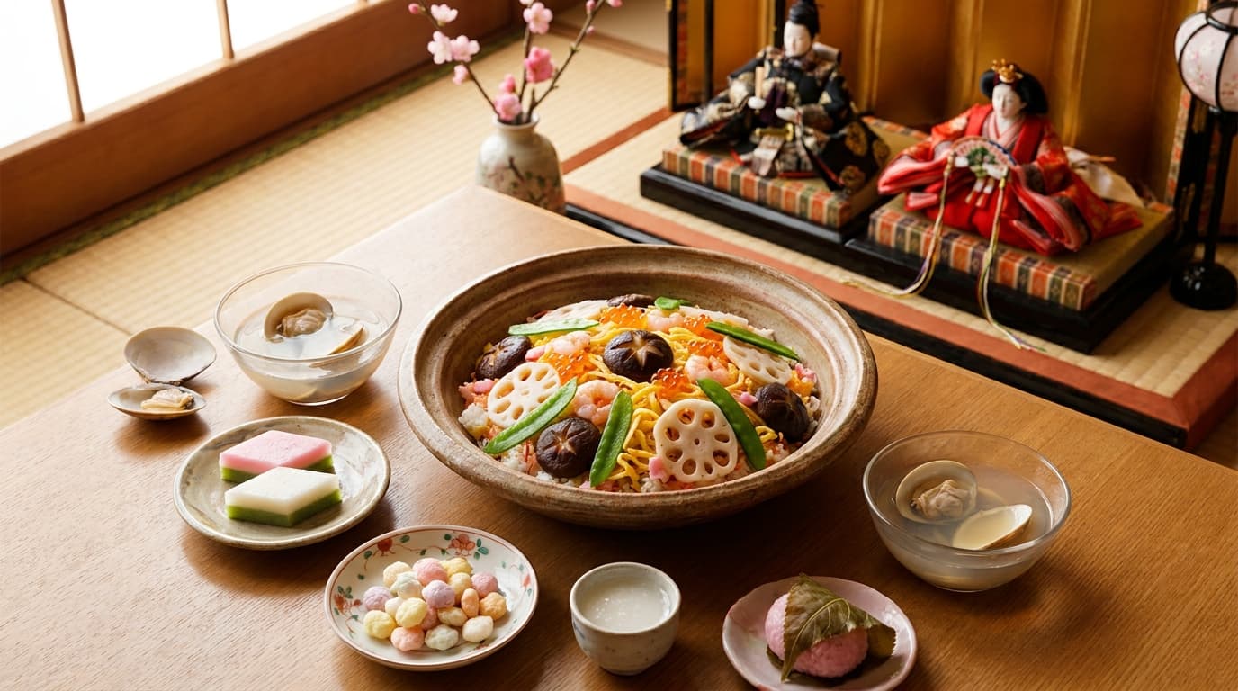 A Japanese Hinamatsuri Girls'-Day table with chirashi-zushi scattered sushi rice, hamaguri clam soup with paired shells, diamond-shaped hishimochi tri-color mochi, pastel hina-arare rice crackers, a cup of shirozake, one pink sakura mochi (Girls'-Day household context), and an ornate hinadan doll display with peach blossoms behind.
