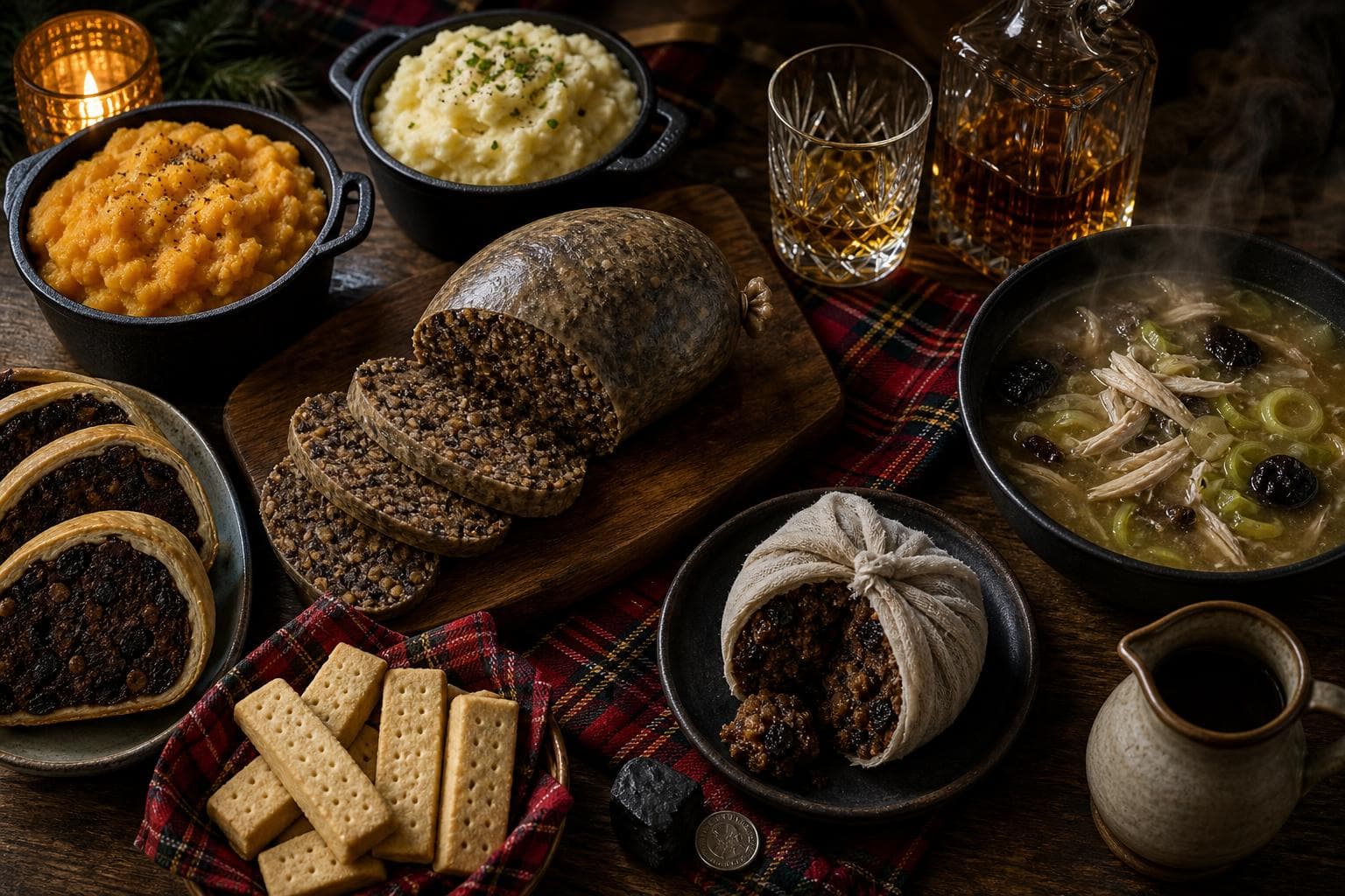 Sliced haggis on a wooden board surrounded by neeps and tatties, Scotch whisky in a crystal decanter, black bun slices, shortbread fingers and steaming cock-a-leekie soup on tartan.