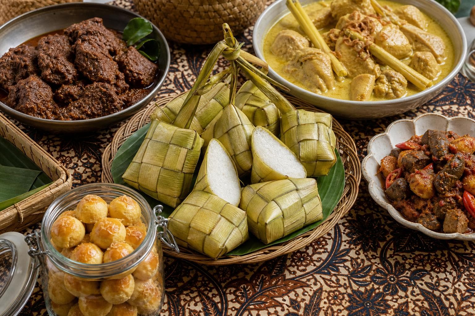 Indonesian Lebaran open-house spread with woven ketupat rice diamonds, dark slow-cooked Padang rendang, golden opor ayam coconut-chicken, sambal goreng ati, and kue nastar cookies.