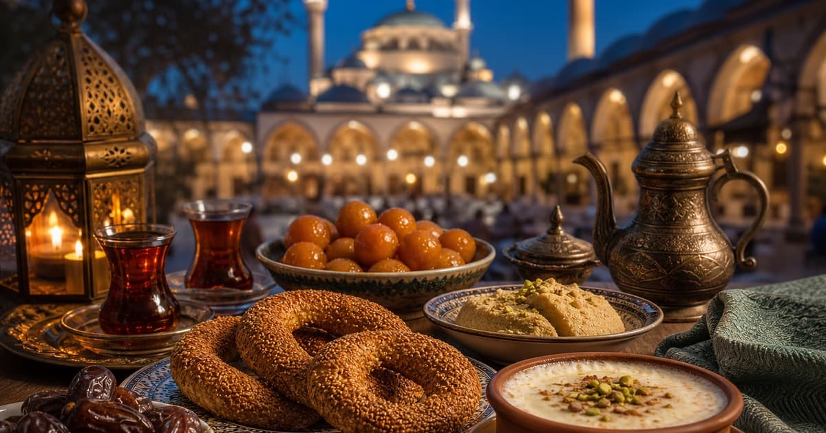 Lantern and tea glasses beside sesame bread rings, dates, citrus fruit, pudding, desserts, and ornate teapot in a lit mosque courtyard.
