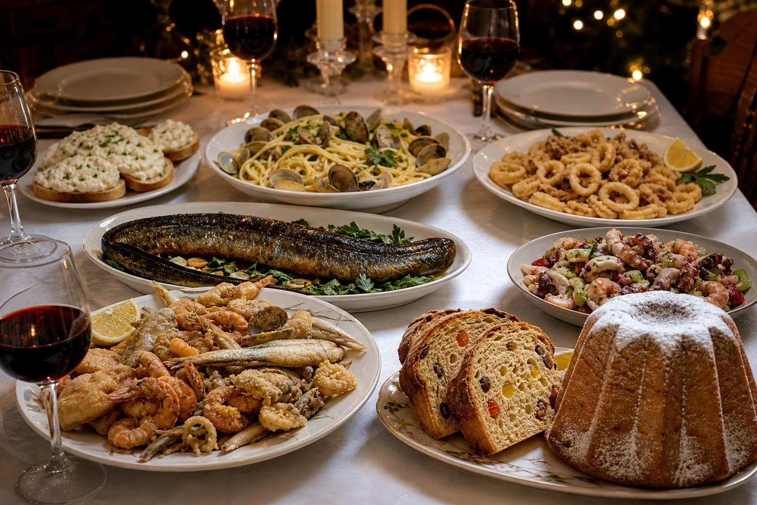 Italian Feast of the Seven Fishes table with Baccalà mantecato, spaghetti alle vongole, calamari fritti, Capitone eel, Insalata di mare, Panettone slices, and Pandoro.
