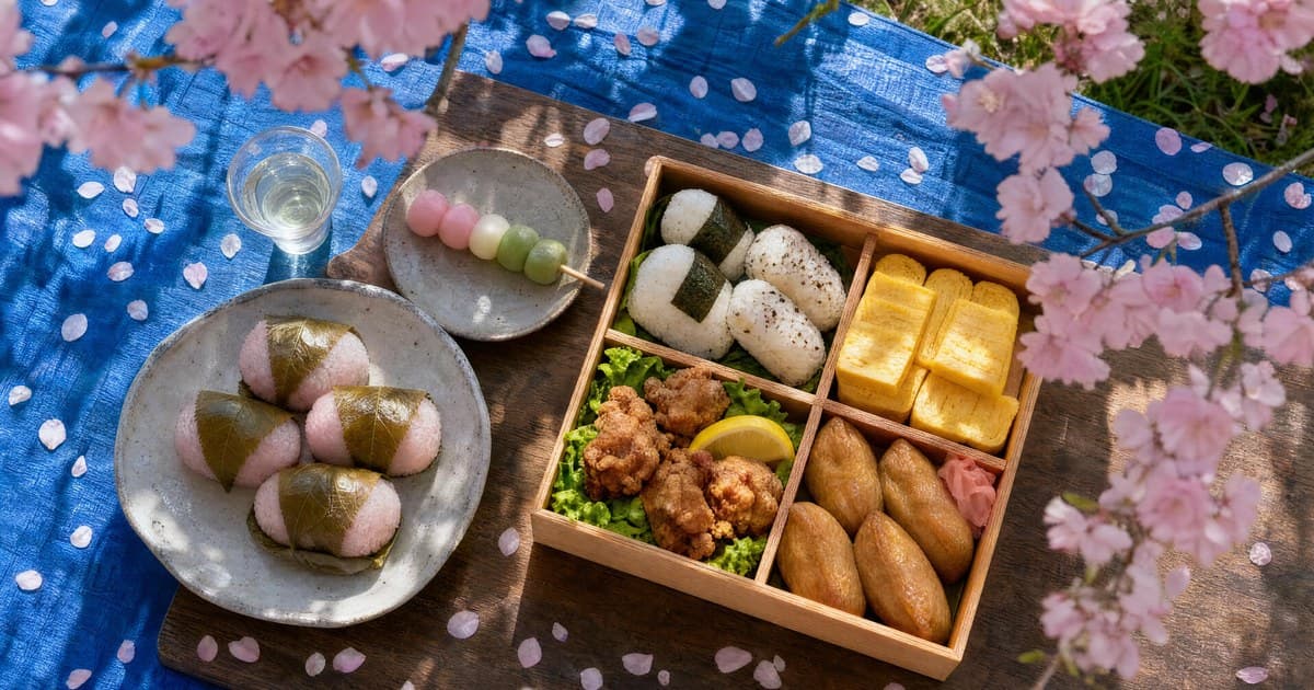 Picnic mat under cherry blossom branches with multi-compartment box of rice balls and fried chicken, sakura-leaf-wrapped rice cakes, three-color dango, sake.