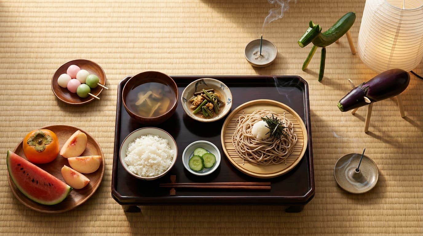 A Japanese Obon ancestor-veneration altar table with shojin ryori Buddhist vegetarian temple cuisine — kombu-shiitake dashi soup, simmered mountain vegetables, soba noodles, pickled tsukemono — plus pastel obon dango sweet dumplings, seasonal summer fruits, incense, and a carved cucumber spirit-horse with eggplant spirit-cow placed near a paper lantern.