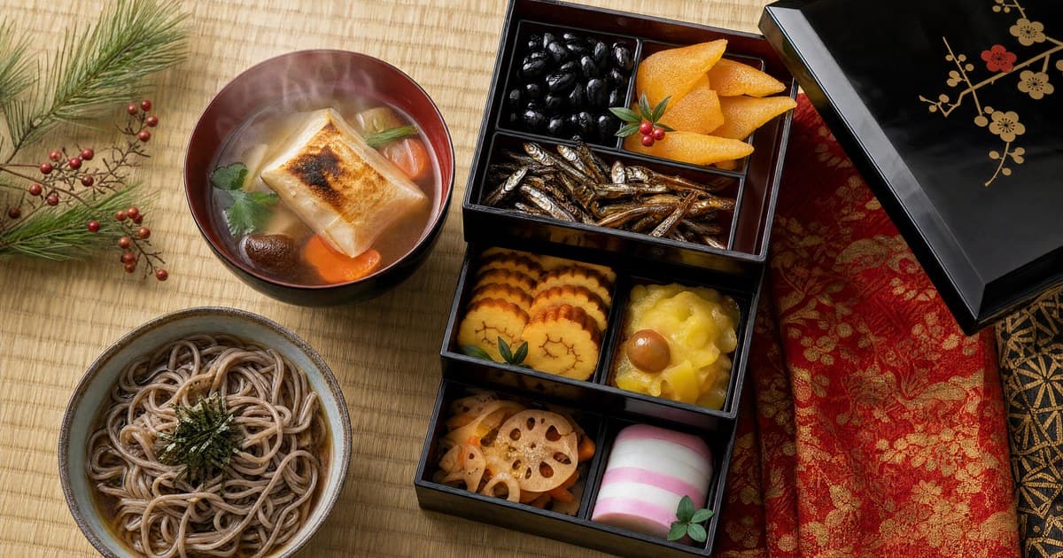Three-tier lacquered box with black beans, herring roe, candied sardines, sweet omelet slices, chestnut sweet potato, lotus root, kamaboko, bowl of mochi soup beside.