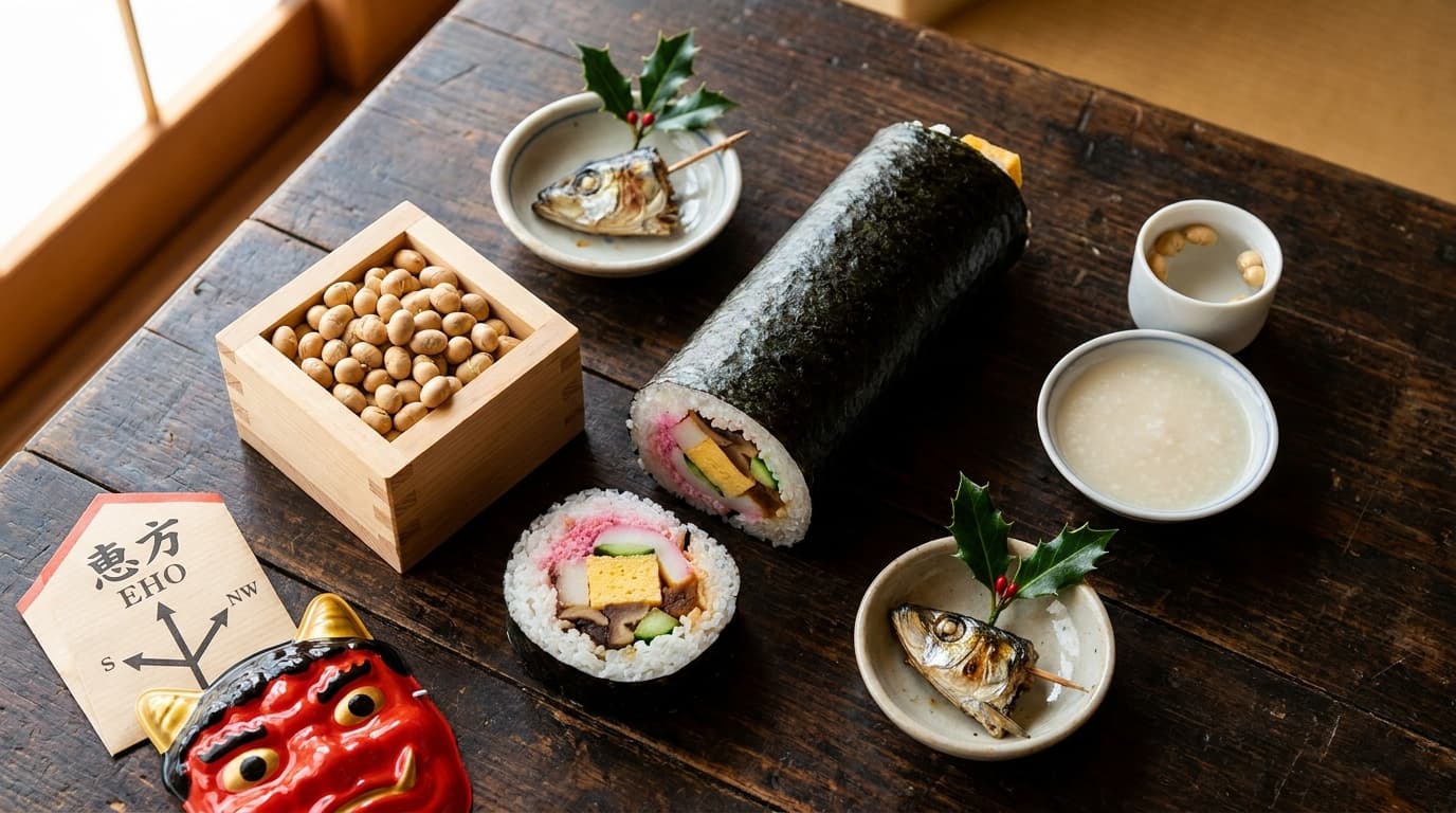 A Japanese Setsubun family table with a sliced uncut ehomaki futomaki sushi roll showing seven fillings, a wooden masu box of roasted soybeans, a small dish with grilled sardine head pierced by holly (hiragi-iwashi), a cup of mame-cha tea, and an Oni demon mask, marking risshun spring-eve ritual.