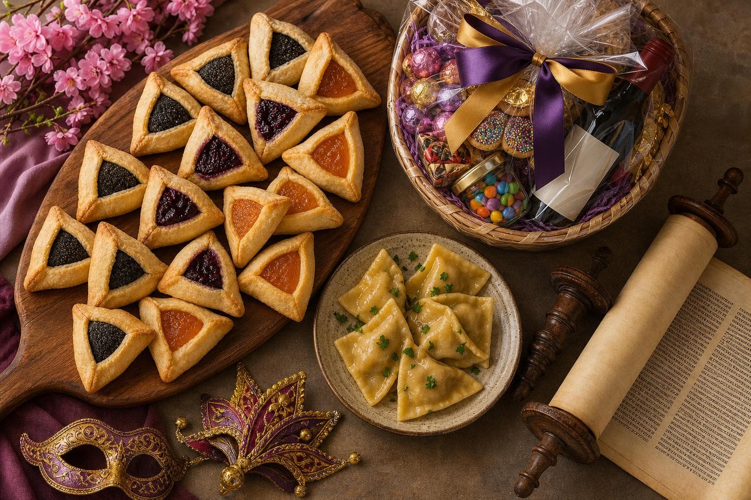 Plate of triangular hamantaschen pastries with poppy seed, prune, and apricot fillings, beside kreplach dumplings, mishloach manot gift basket, and a Megillah scroll.