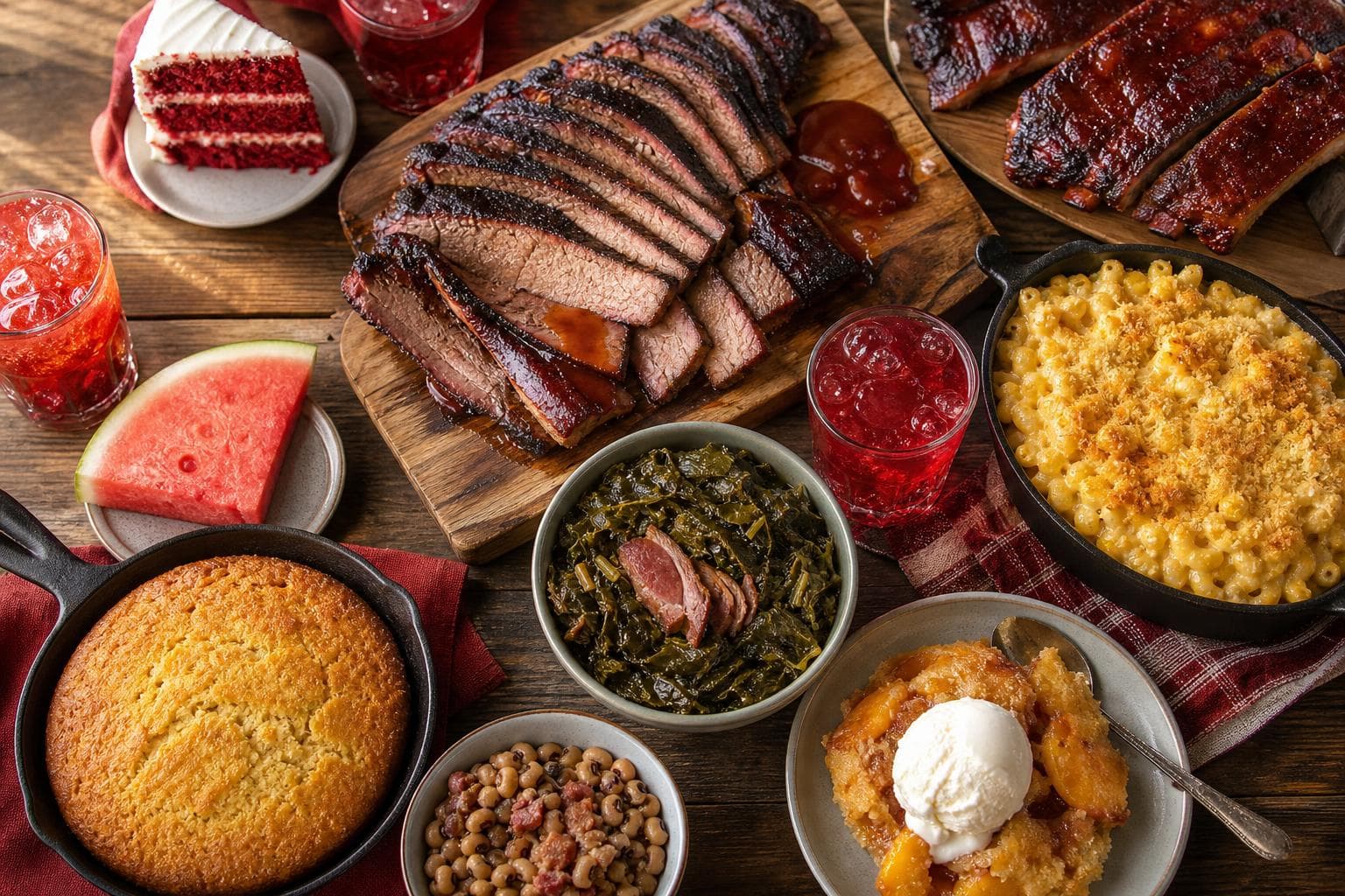 Juneteenth feast featuring sliced Texas brisket and ribs alongside symbolic red velvet cake, red drinks and watermelon, plus soul food sides of mac and cheese, collards, and cornbread.