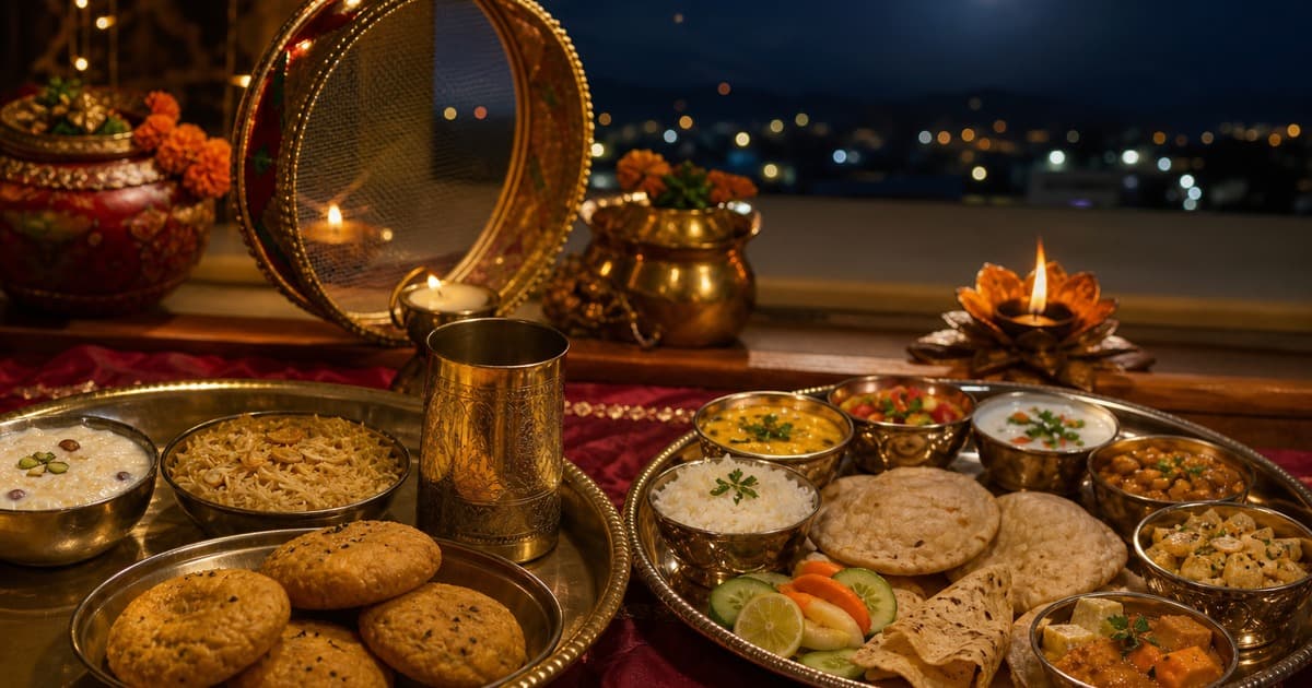 Metal thalis with puris, flatbread, rice, curries, sweets, lime, and bowls sit on red cloth beside a sieve, brass cup, marigolds, and oil lamps.