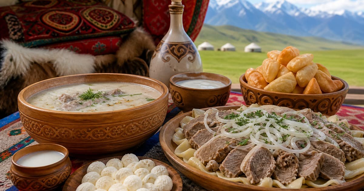 Carved bowls of soup, sliced meat with onions, fried dough, dairy balls, a ceramic bottle, patterned textiles, tents, grassland, and mountains.
