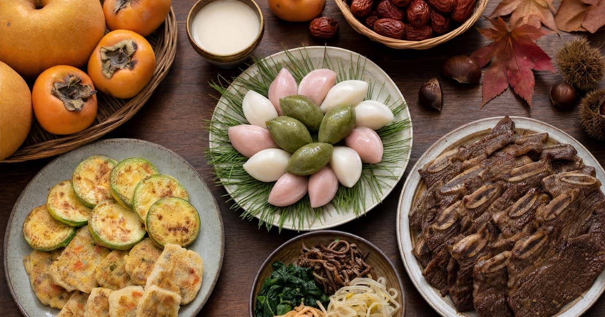 Plate of small half-moon rice cakes in pink white green on pine needles, grilled short ribs, savory pancakes, a glass of rice wine, pears and persimmons.