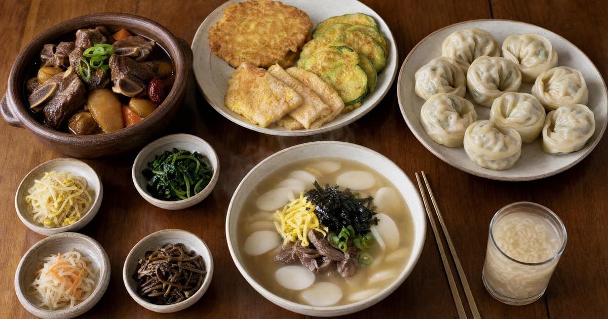 Bowl of rice cake soup with sliced ovals and egg ribbons, plate of dumplings, three savory pancakes, braised short ribs, vegetable side dishes, and rice drink.