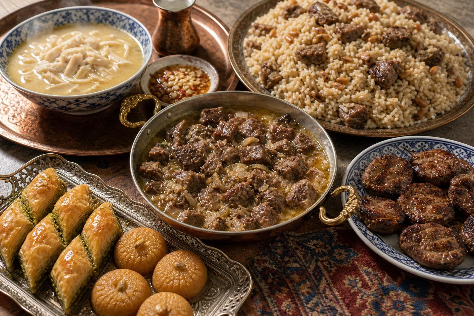 Turkish Kurban Bayramı table with slow-cooked kavurma diced meat, meat-rich etli pilav, grilled küşleme lamb tenderloin, işkembe çorbası tripe soup, and baklava sweets.