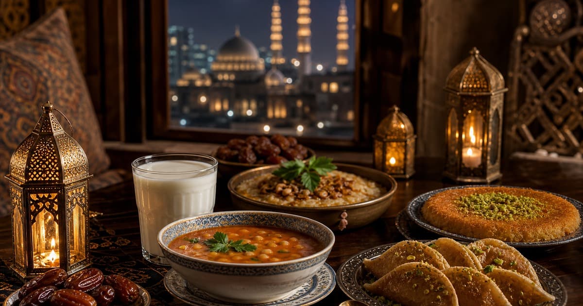 Lanterns, dates, a glass of milk, lentil soup, rice, kunafa, and pastries on a patterned table, with a lit mosque seen through a window.