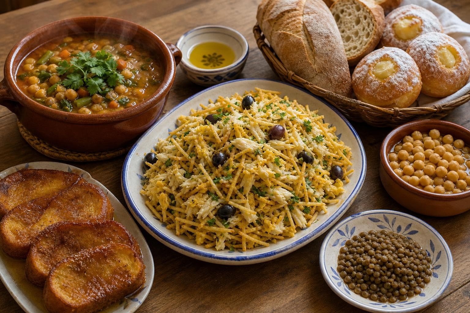 Lenten table with golden-brown Portuguese Bacalhau à Brás, Mexican Sopa de cuaresma chickpea soup, Spanish Torrijas bread pudding, Italian zeppole pastries, and crusty Lenten breads.
