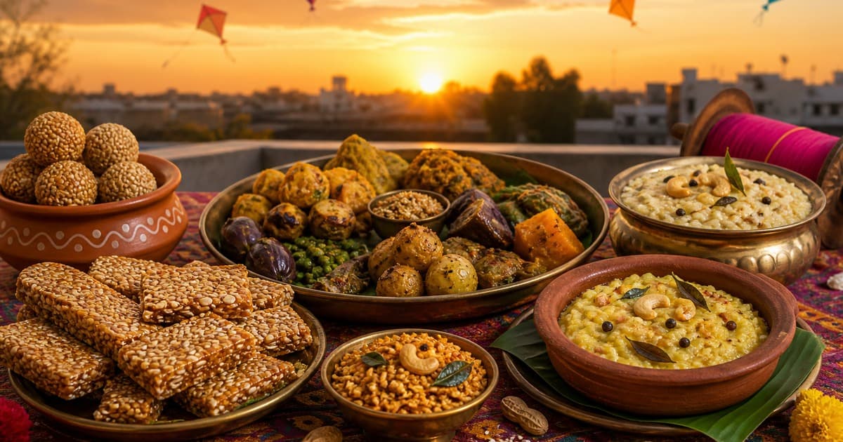 Sesame sweets on plates, a bowl of round laddus, mixed vegetable dishes, creamy grain bowls, nuts, kites, and a sunset skyline on a rooftop.
