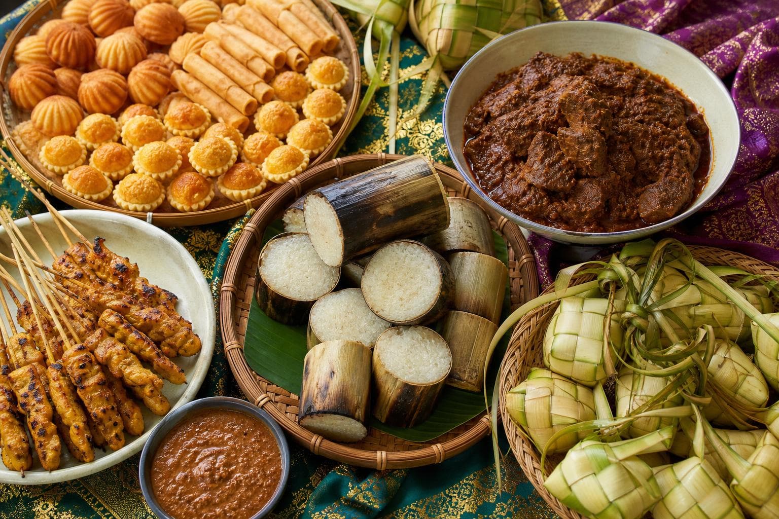Malaysian Hari Raya open-house spread with sliced bamboo-cooked lemang, dark beef rendang, woven ketupat palas, an array of kuih raya cookies, and satay skewers with peanut sauce.