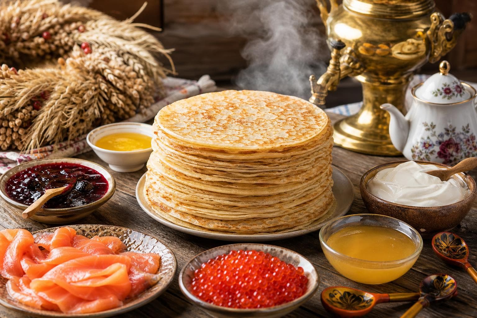 Stack of golden thin Russian blini pancakes topped with sour cream, red salmon caviar, smoked fish, butter, and honey, beside a steaming samovar of black tea.