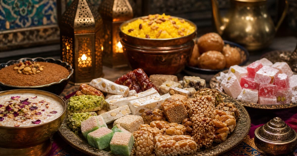 Brass trays hold lokum cubes, almond nougat, sesame and peanut brittles, pistachio sweets, dates, rose-topped pudding, semolina cake, yellow rice, and glowing lanterns.